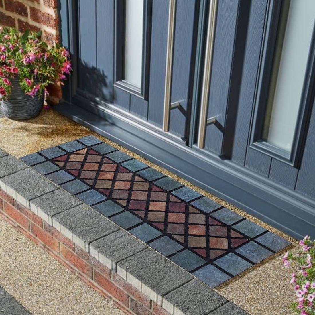 Elegant Tile Effect Narrow Step Doormat - Blue Edge | Set of 4 | Blue