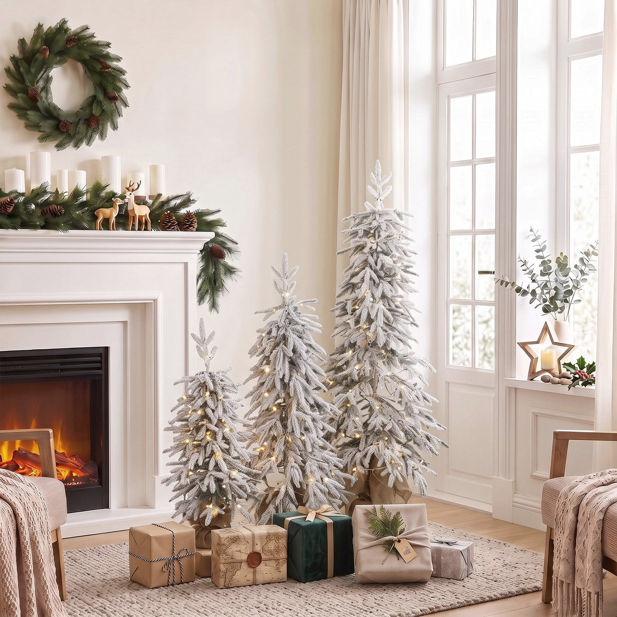 HOMCOM Prelit Flocked Artificial Christmas Tree Set Of 3, 3ft/4ft/5ft
