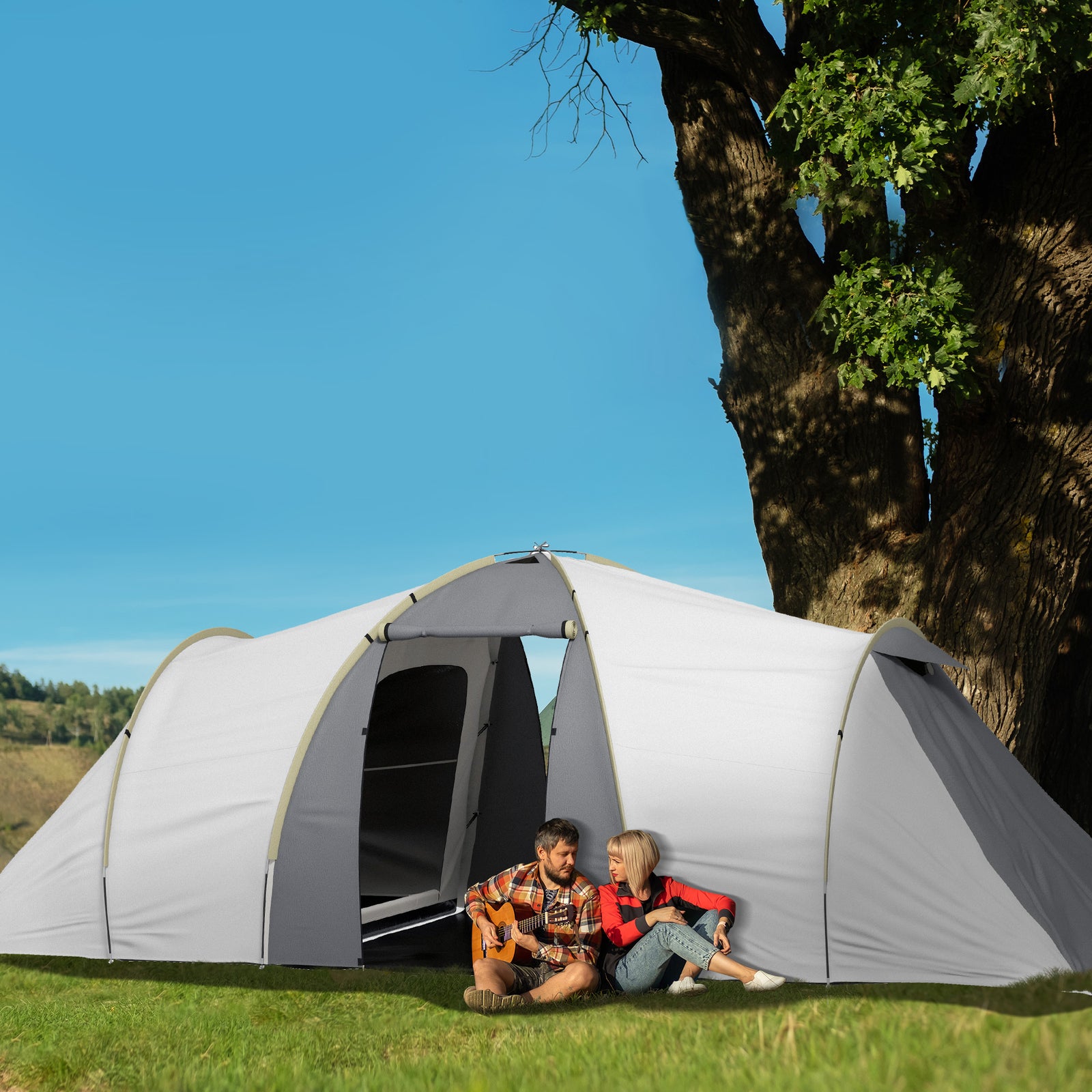 4-6 Man Tunnel Tent, Camping Tent W/ Bedroom, Living Area | Multi Colour