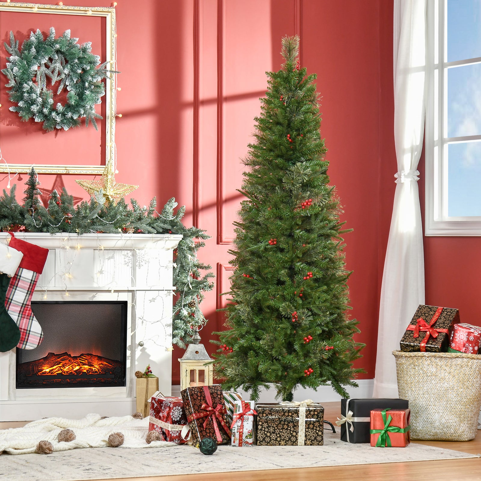 5/6/7ft Pencil Shape Christmas Tree, Berries | 6ft | Green