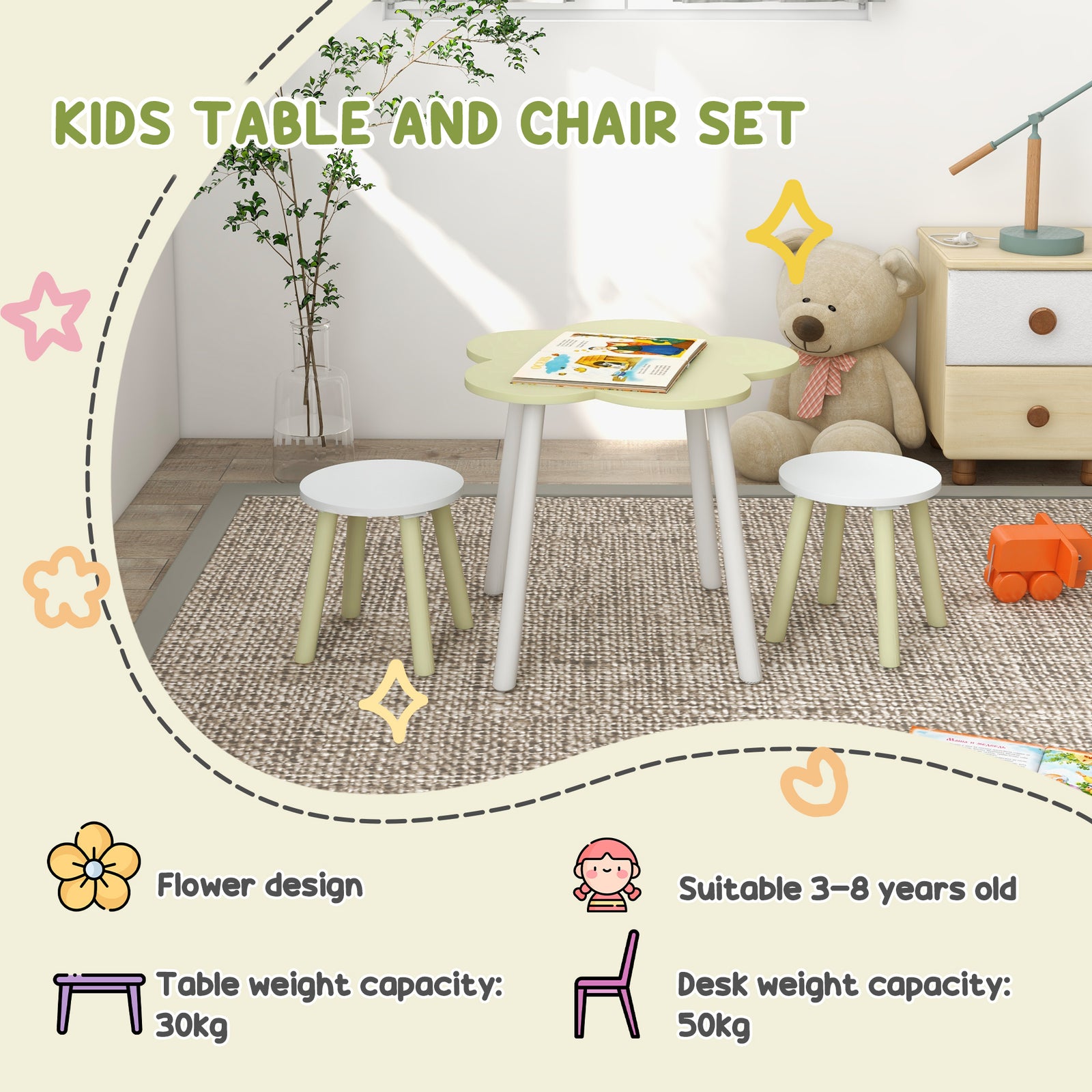 Kids Table And Chair Set, Flower Design, For Ages 2-5 Years - Green