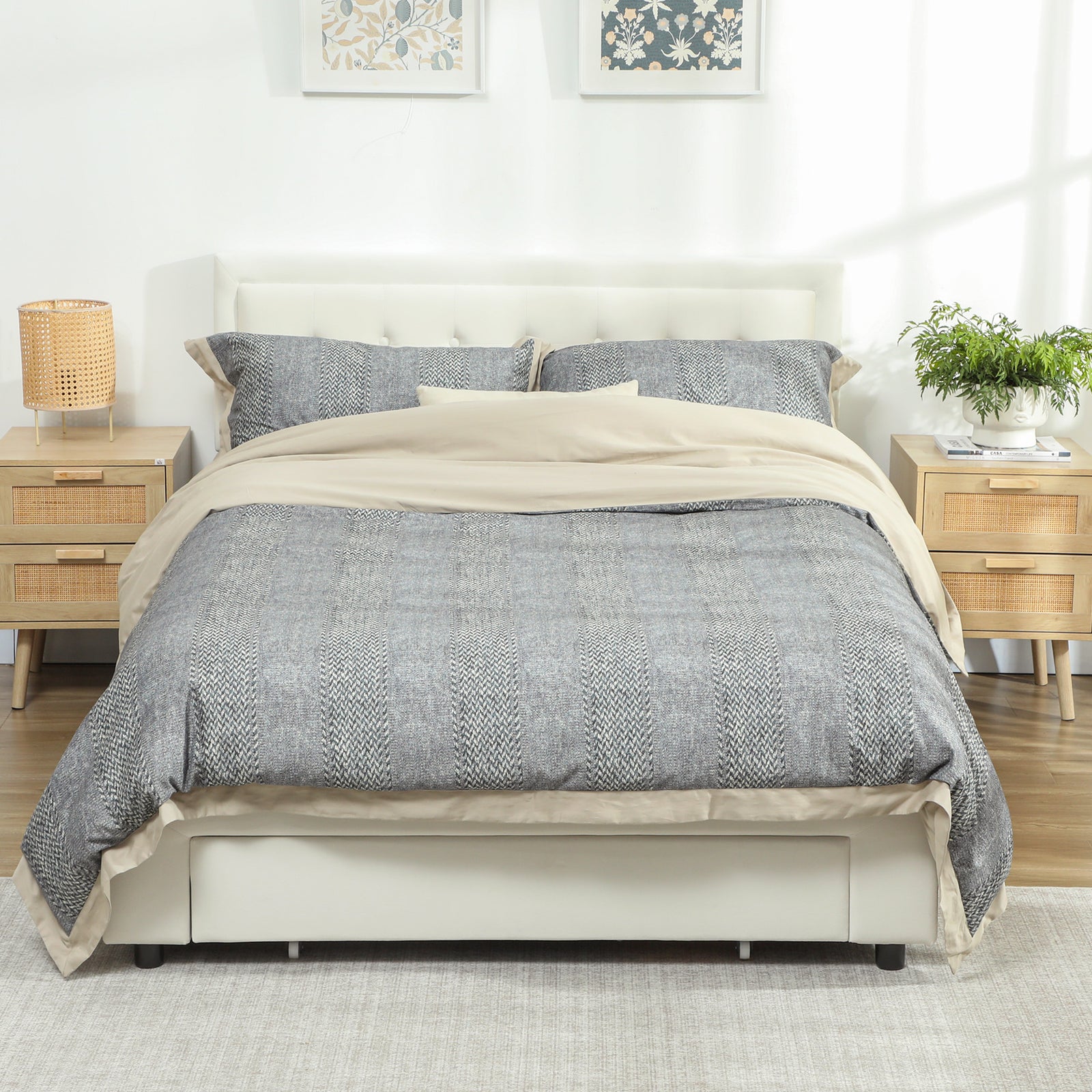 Double Bed Frame With Storage And Adjustable Velvet Headboard | Cream