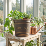 2-piece Retro Metal Plant Pot Set With Wooden Handle | Set of 2 | Slate Grey