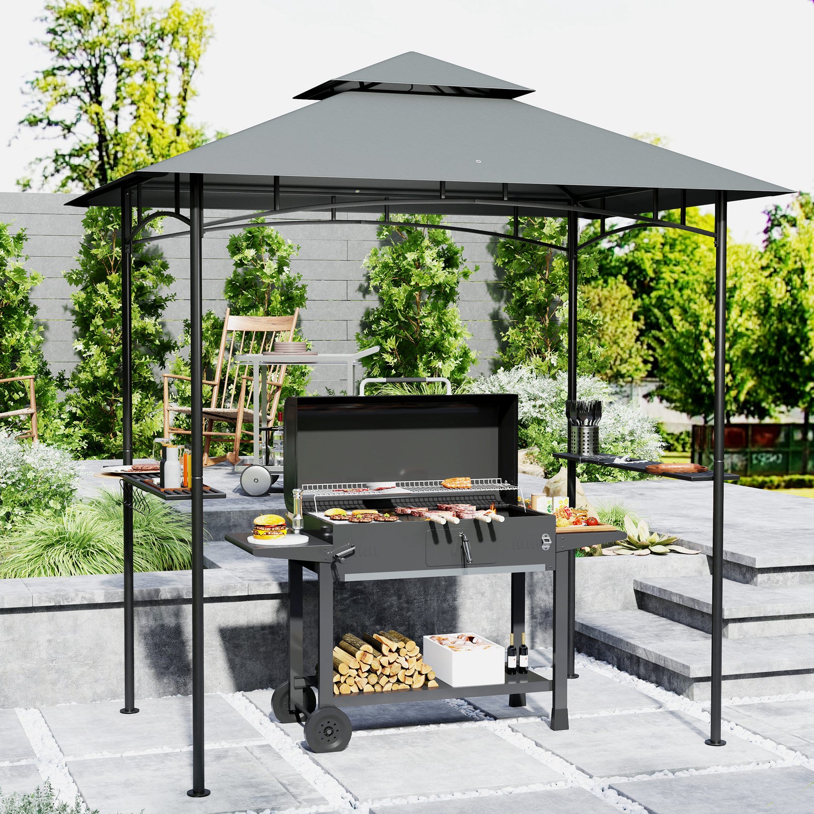 8' X 5' Grill Gazebo, Double Tiered Outdoor Bbq Shelter | Dark Gray