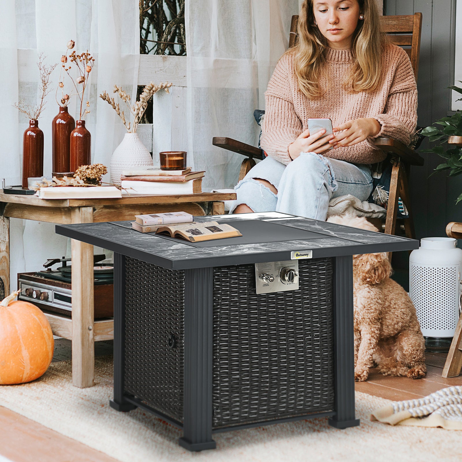 Pe Rattan Gas Fire Pit Table With Marble Desktop, Rain Cover
