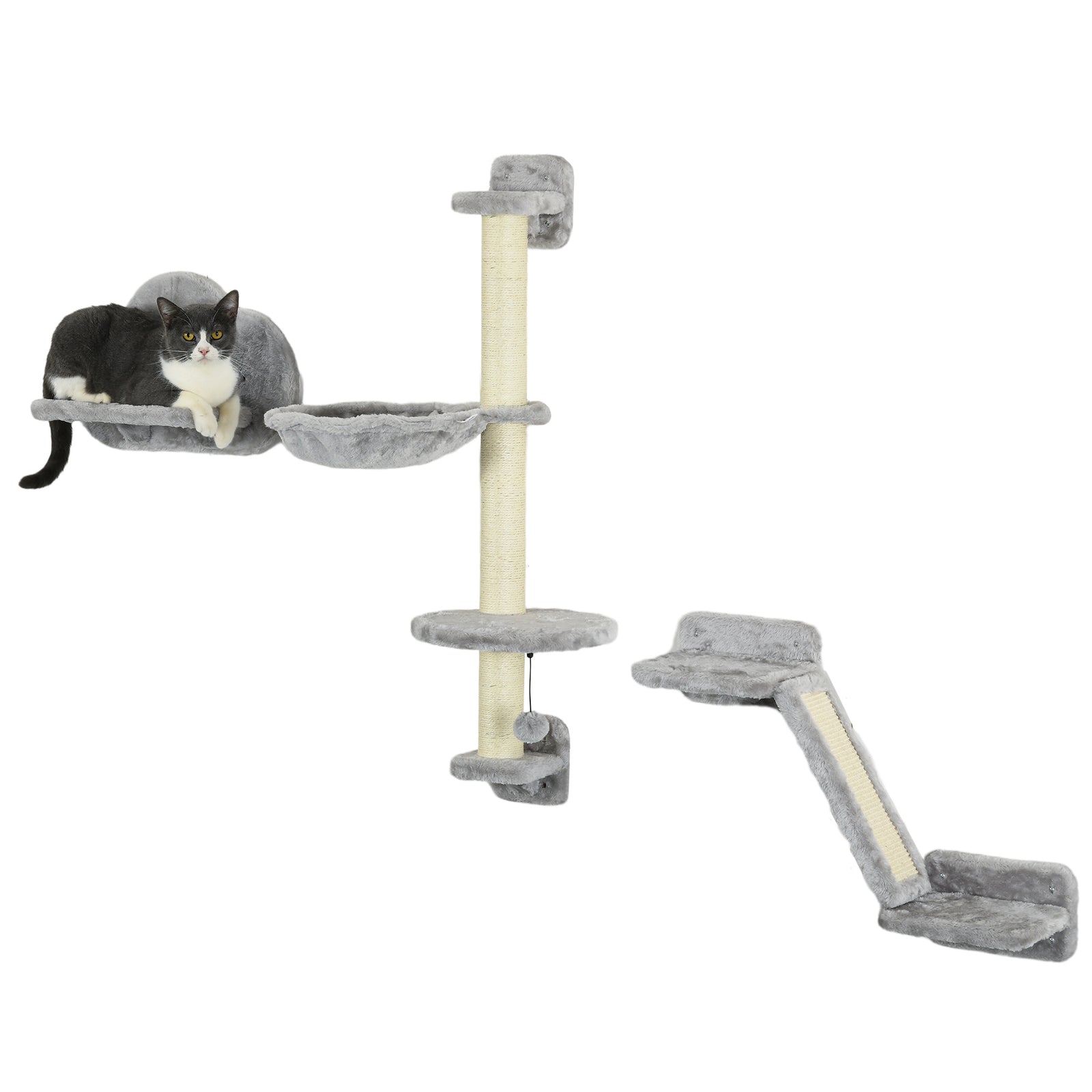 Cat Wall Furniture W/ Hammock, Platforms, Ladder, Scratching Post - Grey