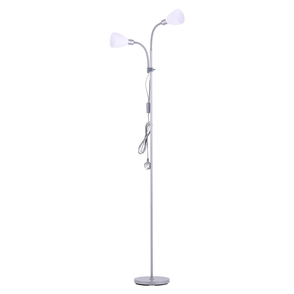 Modern Floor Lamp With Adjustable Double Heads, Metal Stand & In-line Switch | Silver Grey