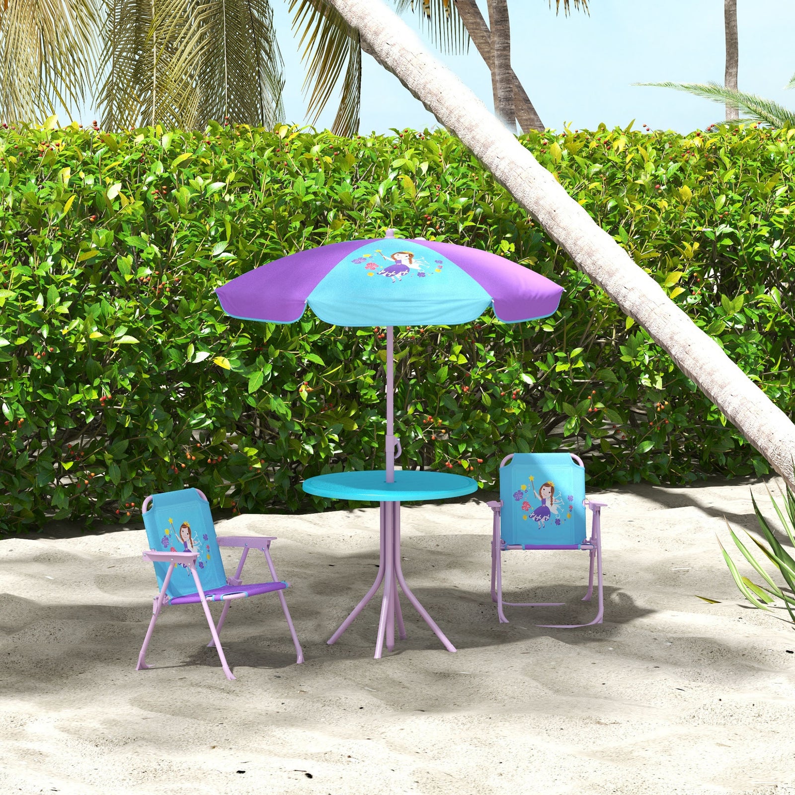 Kids Bistro Table And Chair Set W/ Fairy Theme, Adjustable Parasol