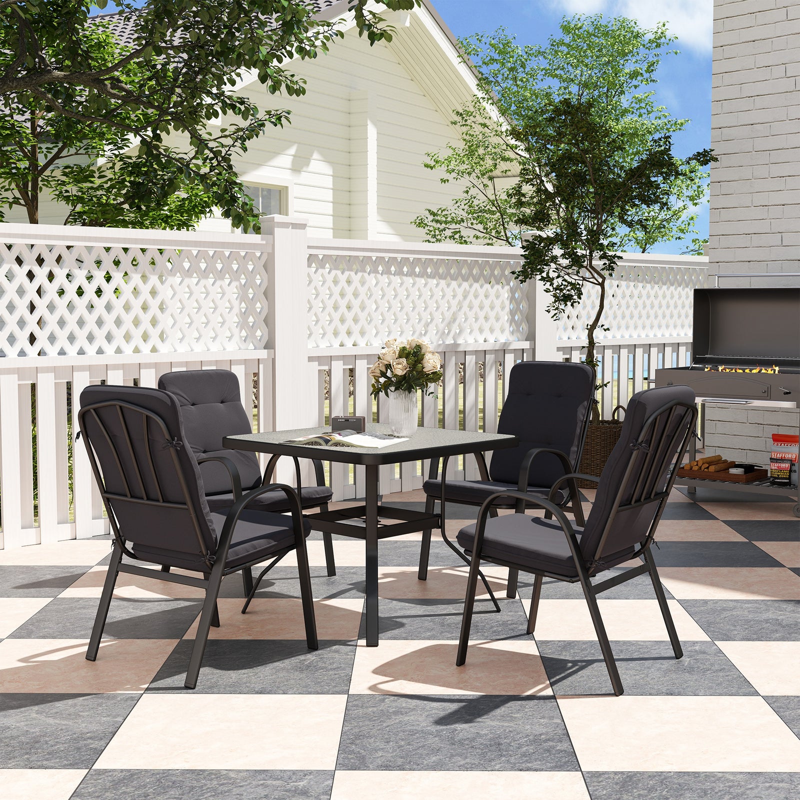 5-piece Outdoor Set, Square Table & 4 Armchairs, Black