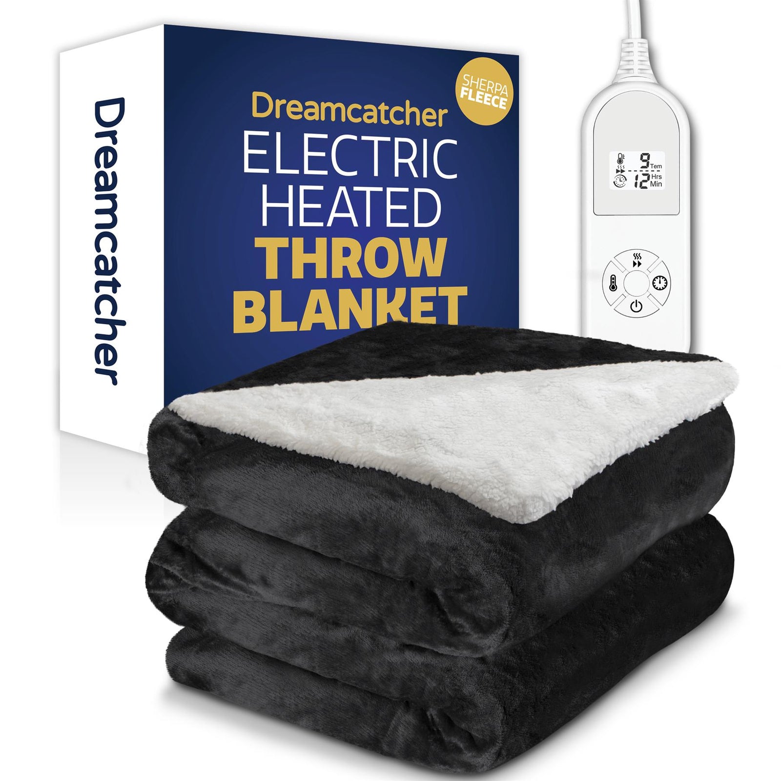 Sherpa Fleece Electric Heated Throw Over Blanket Double Polyester 160cm X 120cm | L | Black