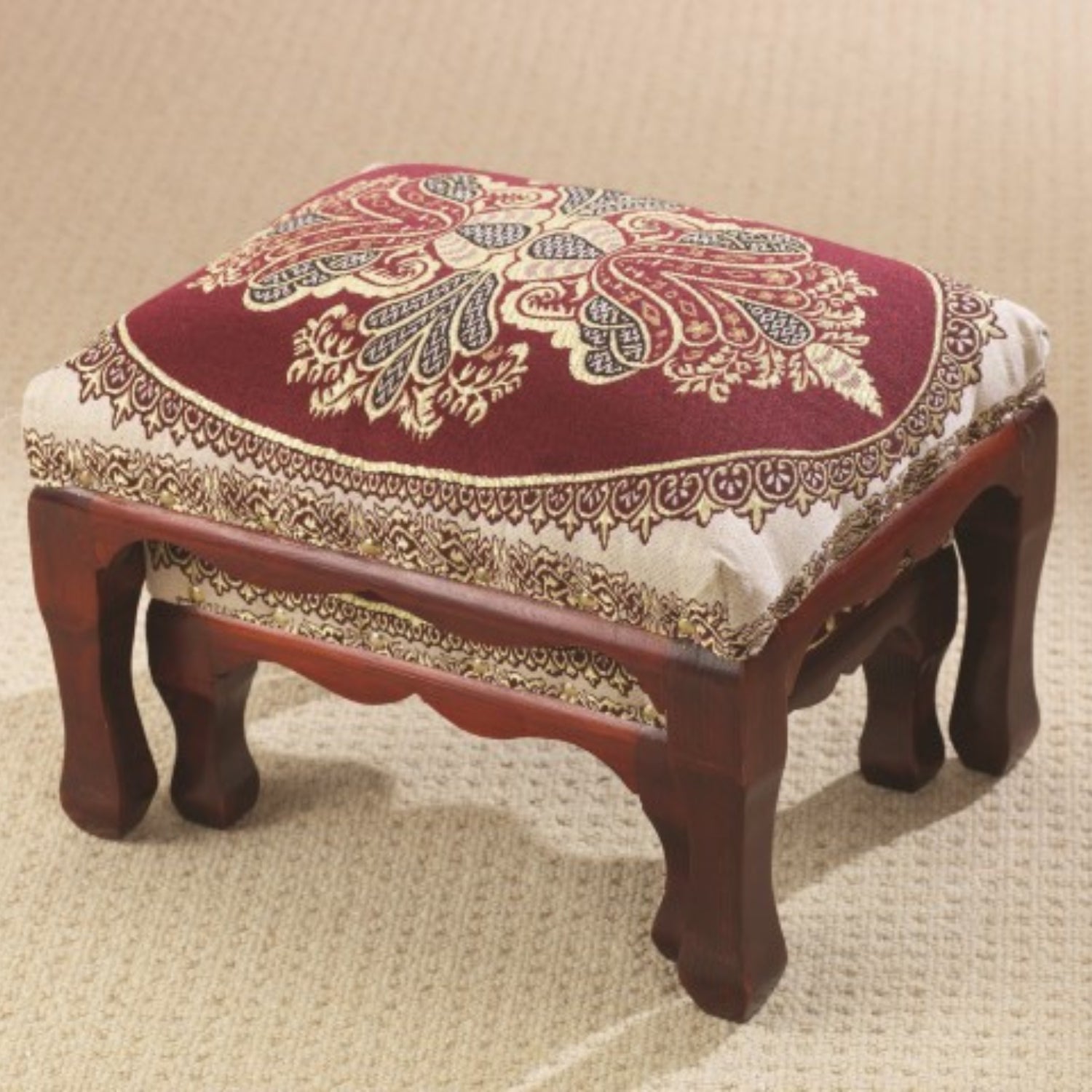 Nesting Footstools Pack Of 2 Red Woven Fabric Top, Wooden Frame