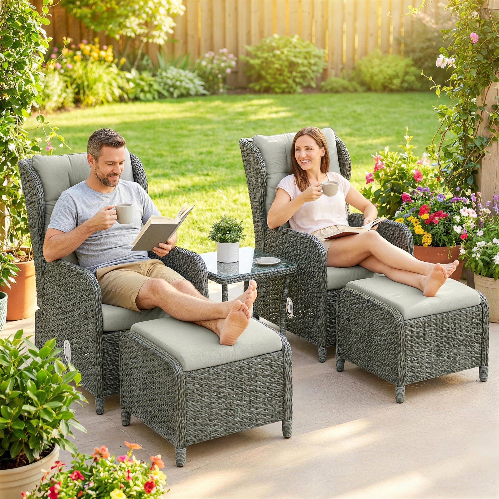 Garden Furniture Set, Rattan Reclining Garden Chair Set | Cream