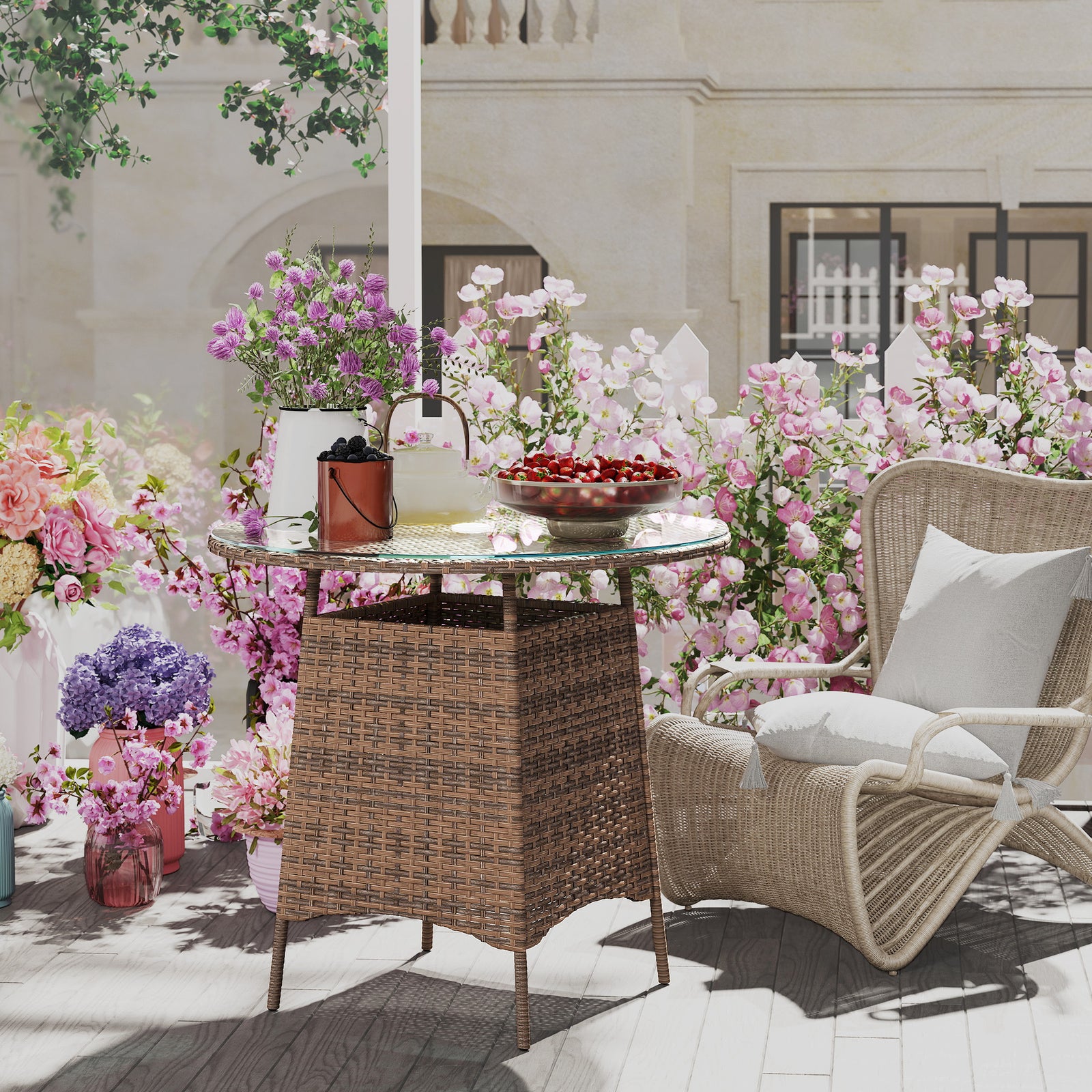 Patio Furniture Rattan Garden Table W/ Umbrella Hole | Brown