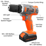 18v Cordless Drill And Screwdriver Set & Drill Bit Kit Li-ion Battery Included, Lightweight Power Battery Drill | 13 Piece Kit – 2x 18V Batteries + Charger | Orange