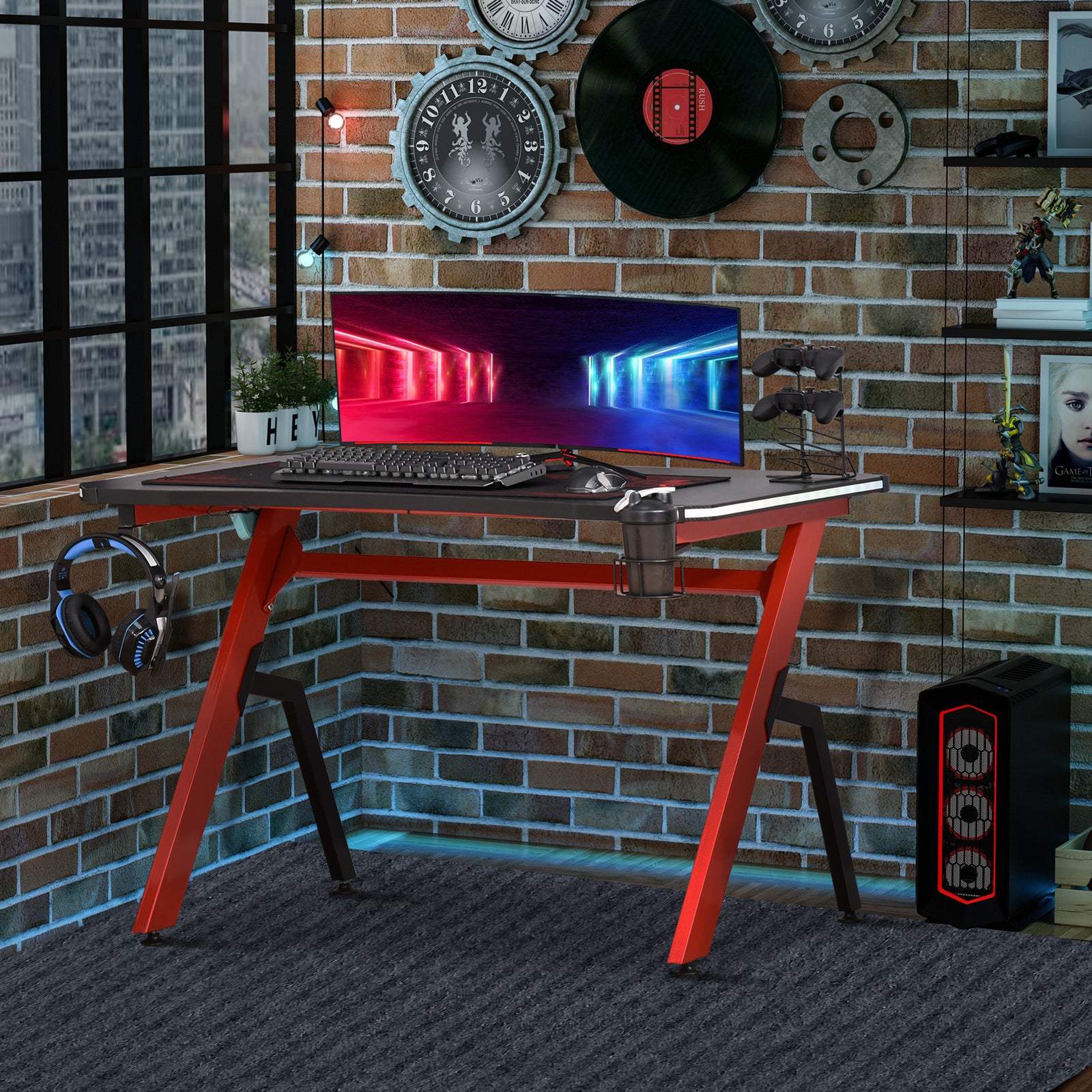 Ergonomic Gaming Desk With Hook Cup Holder Led | Red