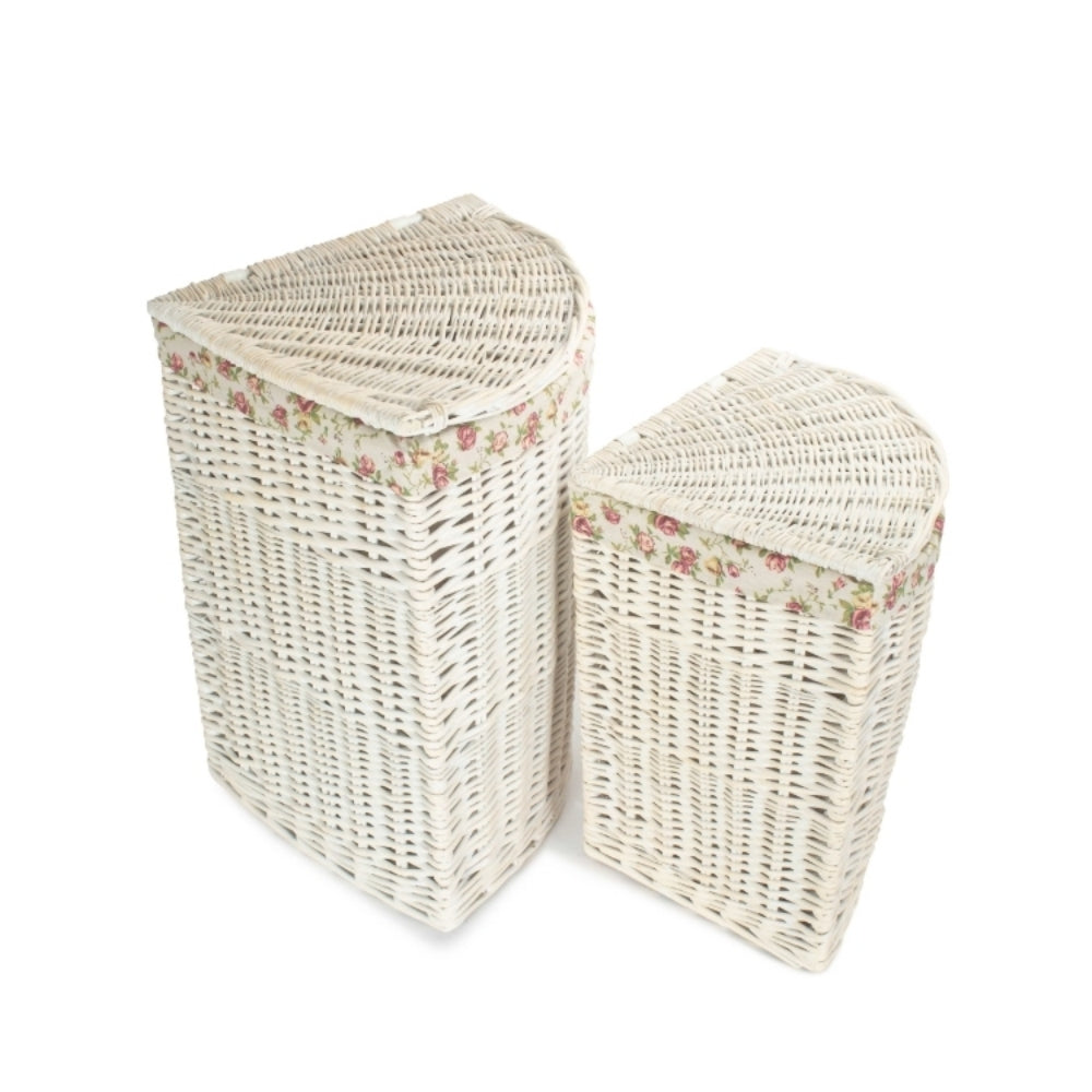 Corner White Wash Laundry Hamper With Garden Rose Lining | Set of 2 | Pink