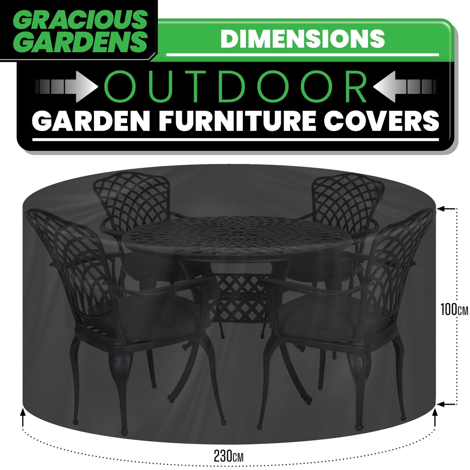 Round Outdoor Patio Waterproof Garden Furniture Cover, Weatherproof Table & Chair Set Protector | 230 x 100cm | Black