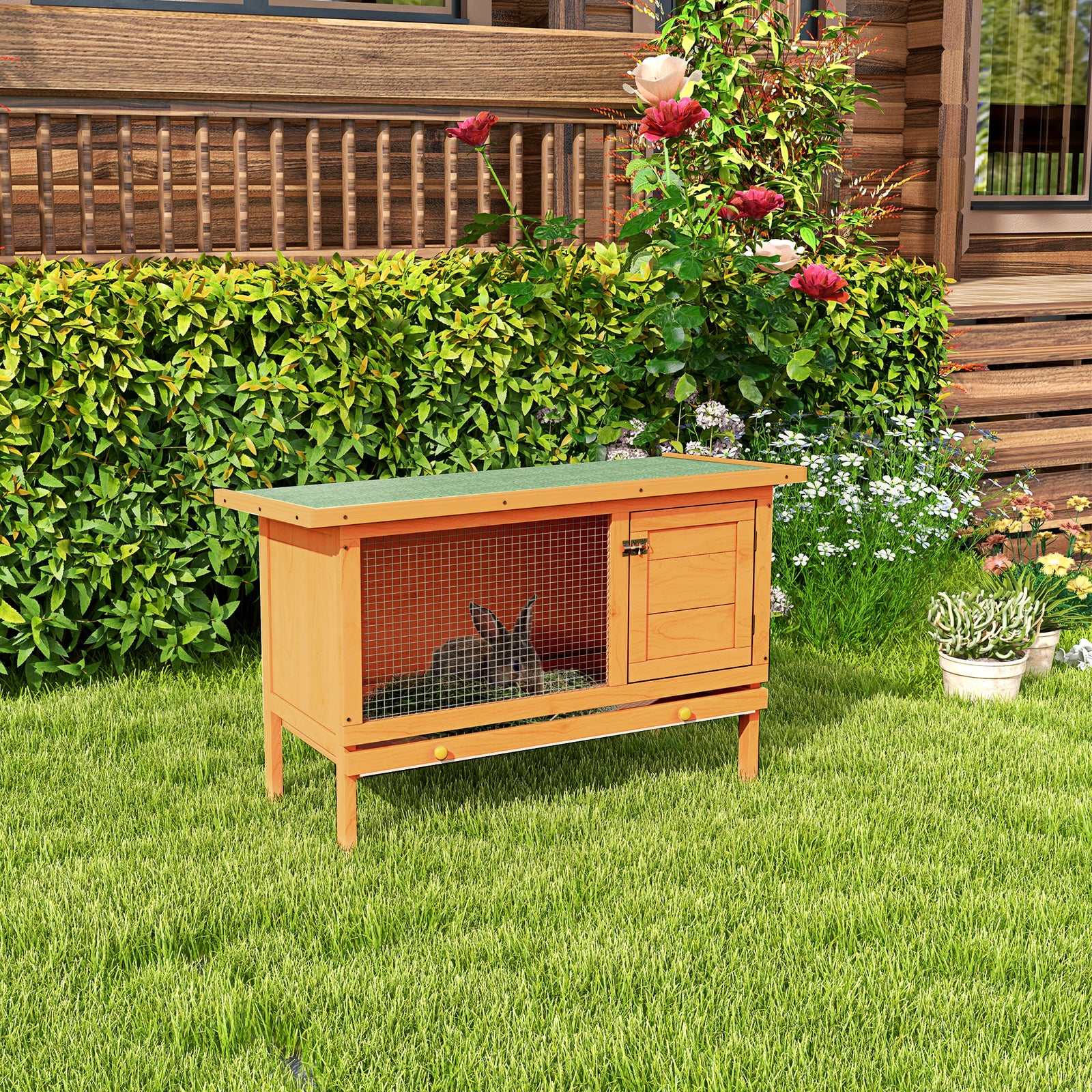 Rabbit Hutch Bunny Cage Guinea Pig Elevated House Wood Outdoor Garden