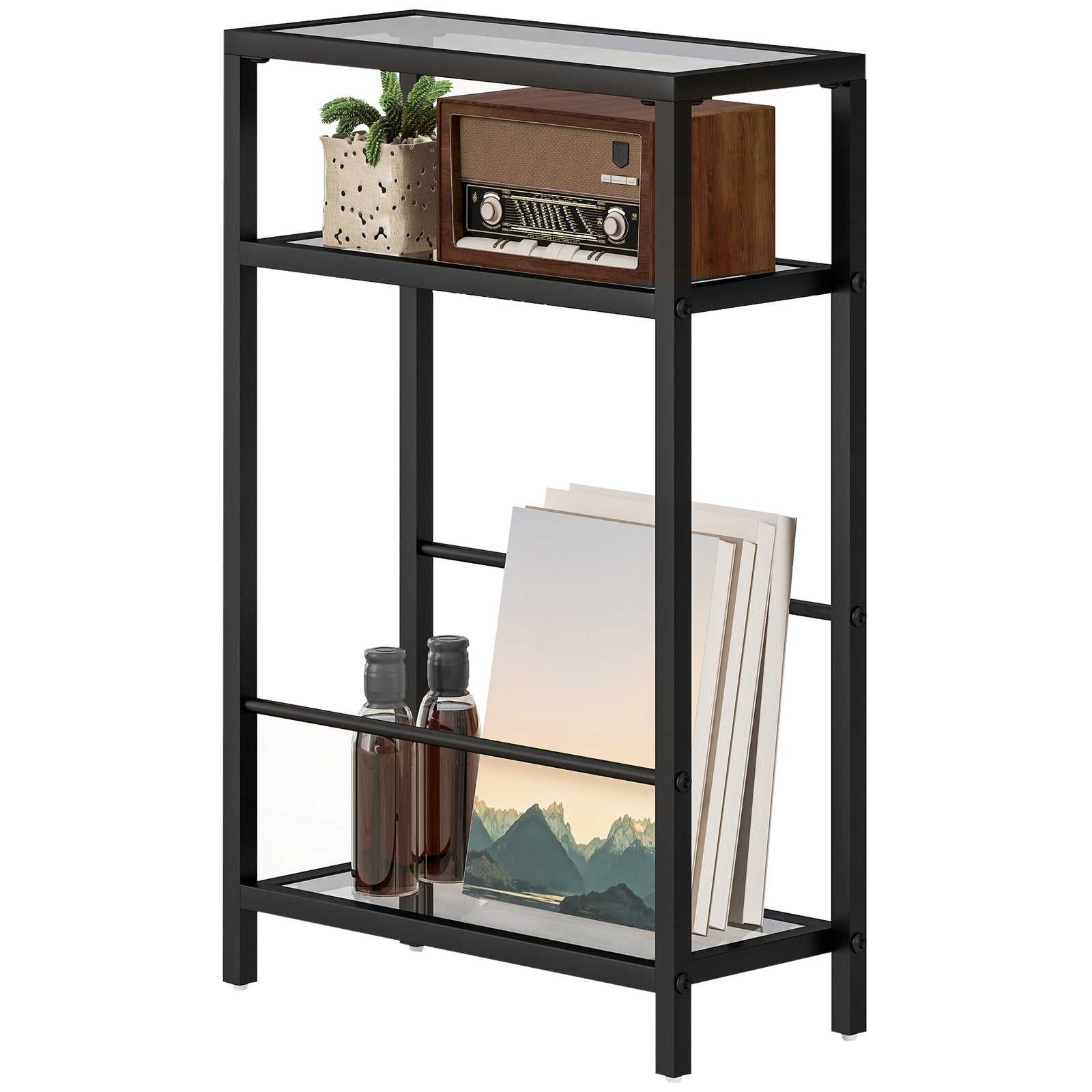 Slim Side Table, End Table With Tempered Glass Tabletop | Black