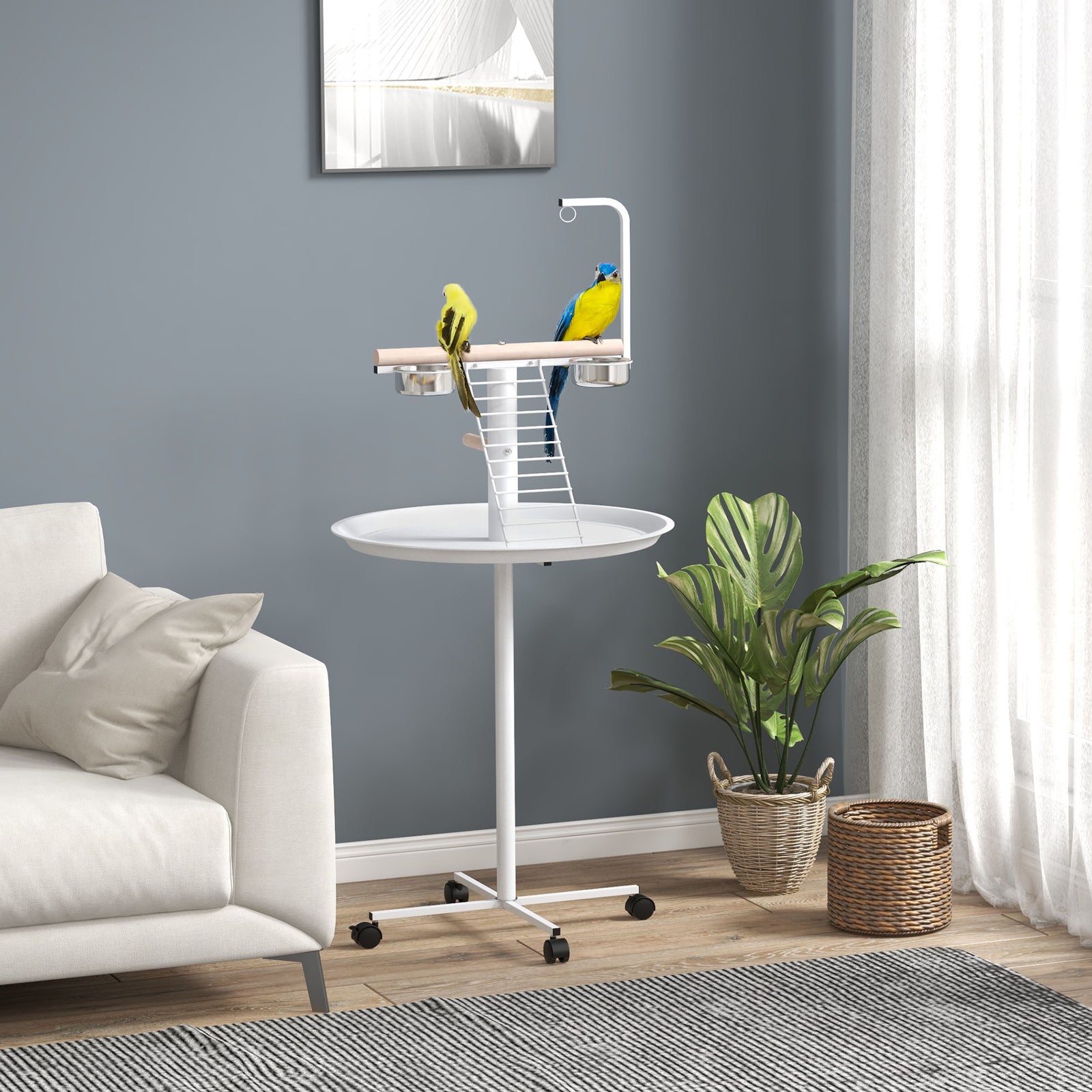 Pawhut Bird Table With Four Wheels, Perches, Stainless Steel Bowls, Round Tray