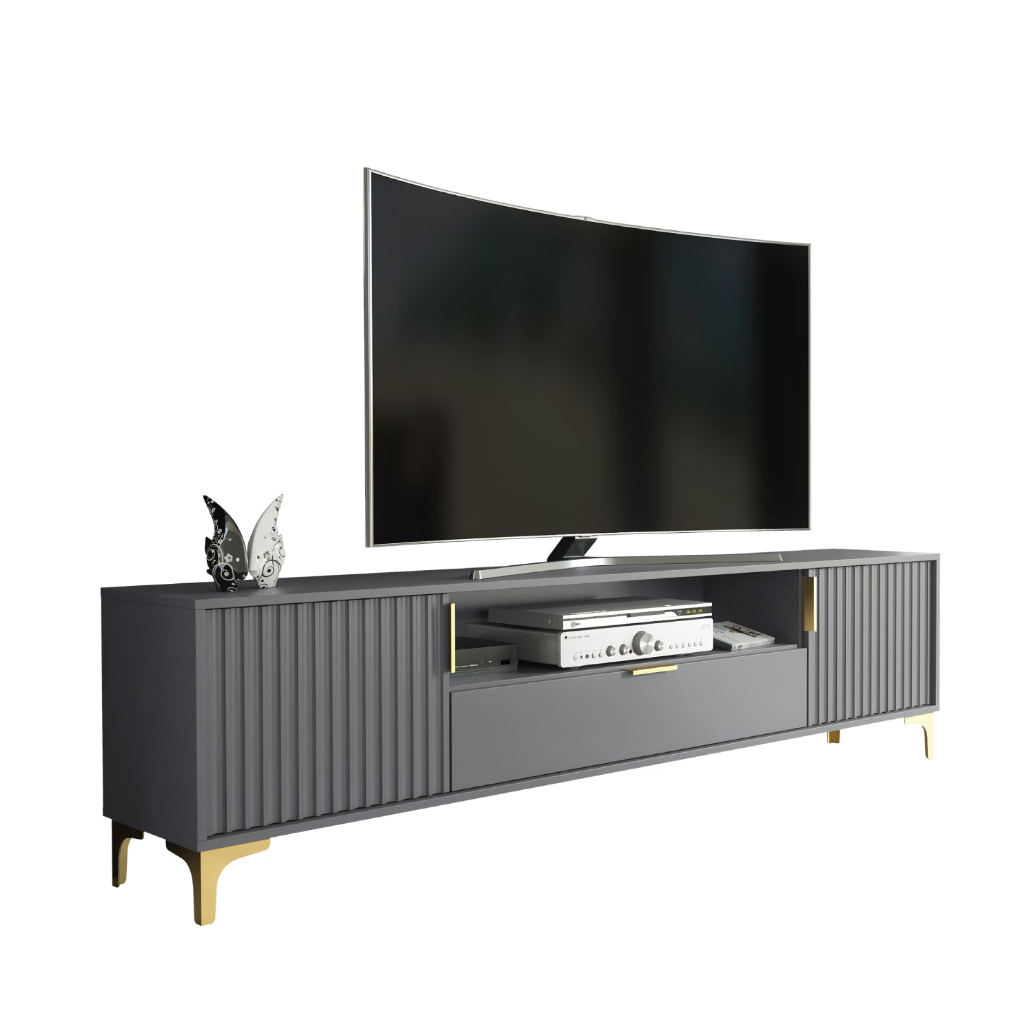 Tide Crest Gold Tv Unit 200cm - Fluted Design | Dark Grey
