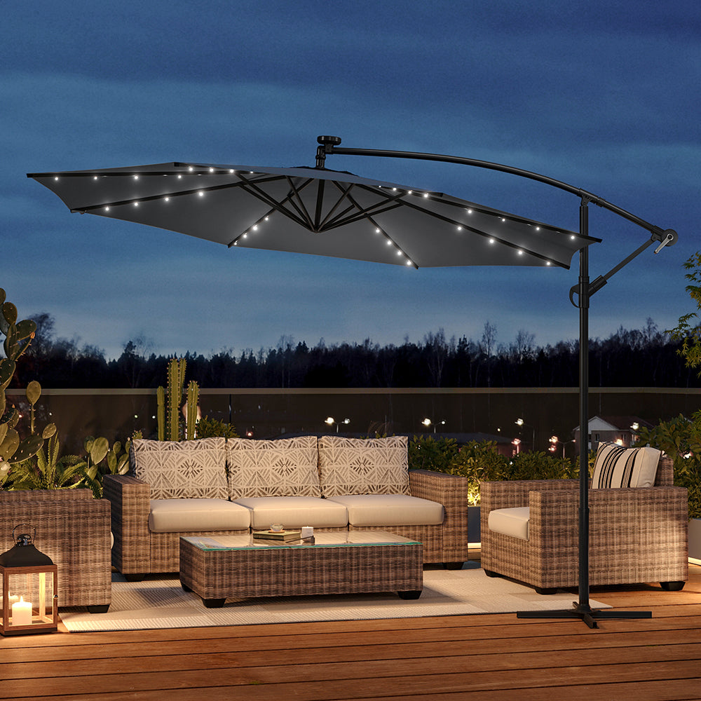 3 M Banana Patio Umbrella Cantilever Garden Parasol With Solar-powered 32 Led Lights, Crank For Opening Closing With Cross Base | One Size | Dark Grey