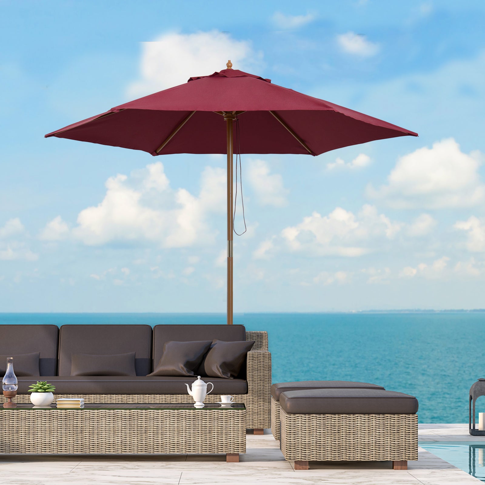 2.5m Wood Garden Parasol Sun Shade | Red