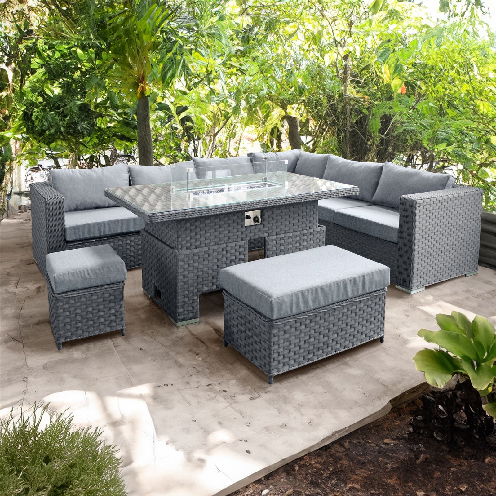 Buxton Rattan 9 Seat Rising Firepit Corner Set | Ocean Grey