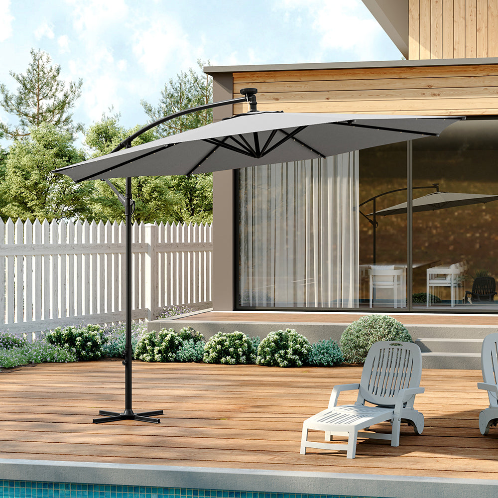 3 M Banana Patio Umbrella Cantilever Garden Parasol With Solar-powered 32 Led Lights, Crank For Opening Closing With Cross Base | One Size | Light Grey