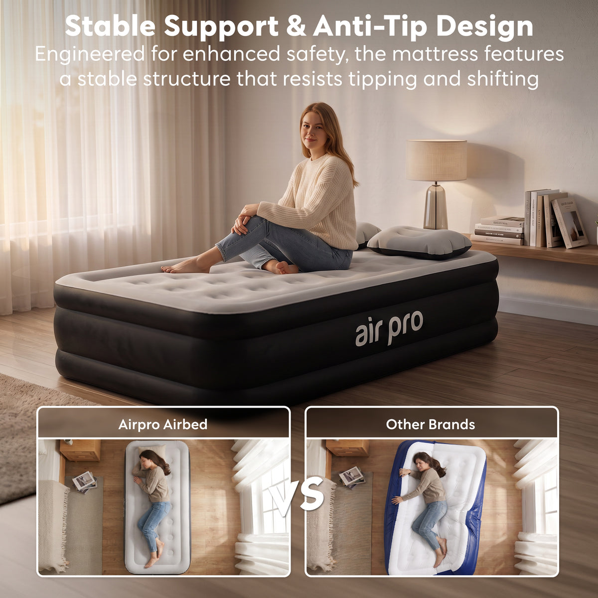 Inflatable Air Mattress With Soft Surface Built-in Electric Pump | Single | Black