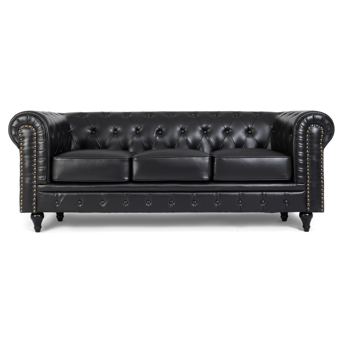 Chesterfield Scroll Arm Faux Leather Sofa 3 Seater | Black