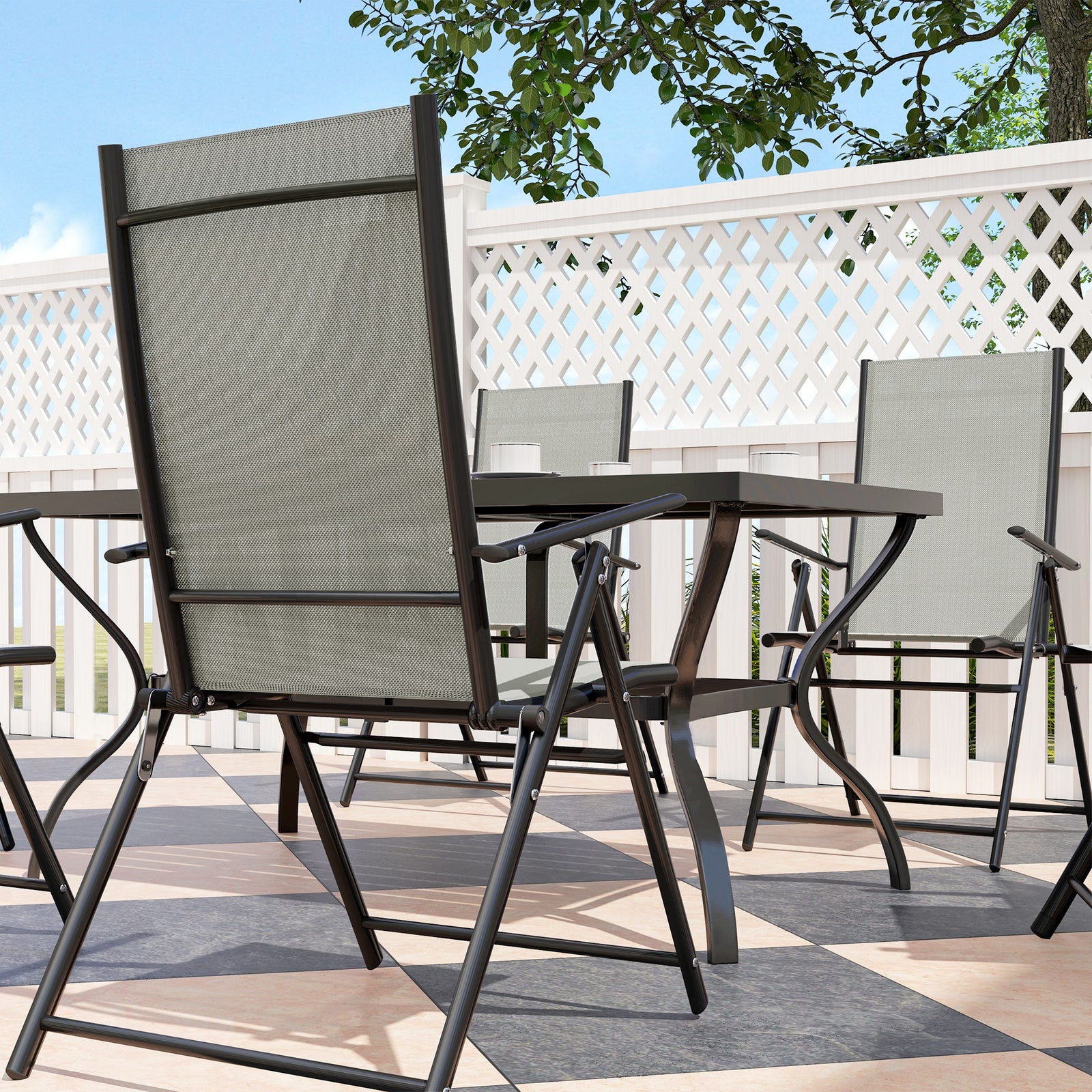 7 Pcs Garden Dining Set, Folding Chairs And Metal Top Table | Khaki