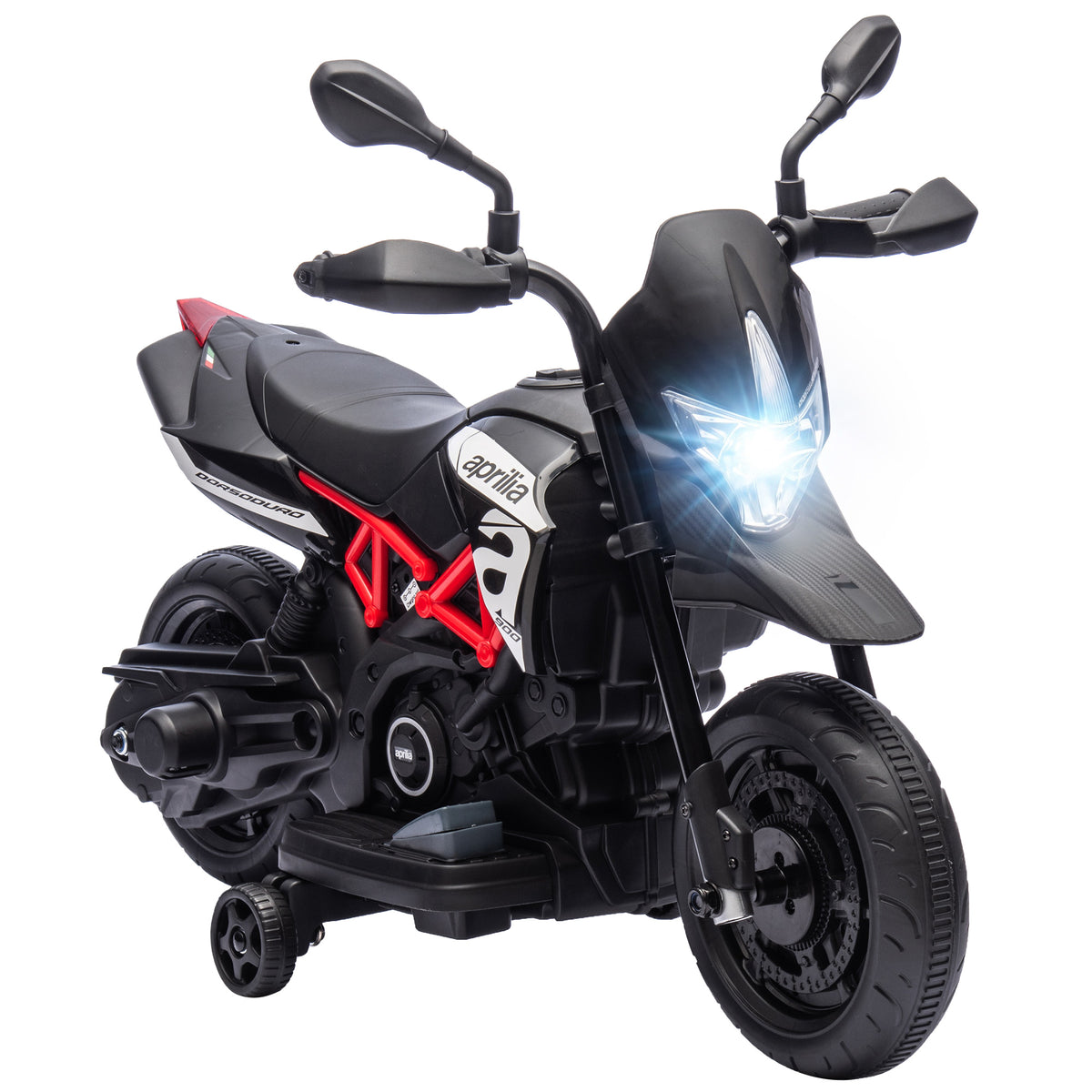 6v Kids Electric Motorbike With Training Wheels, Headlight, Black