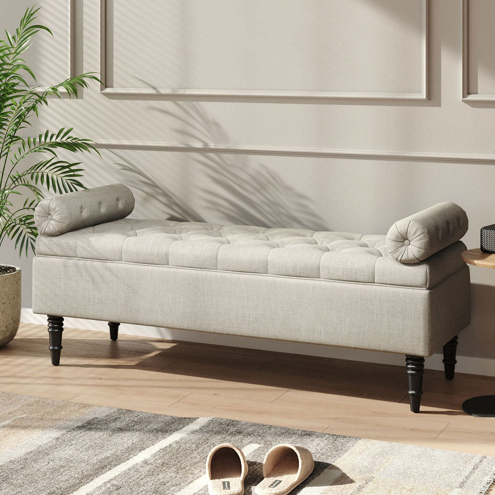 Linen Upholstered Storage Ottoman Bench With Pillowed Armrests – Hidden Compartment, 126cm W
