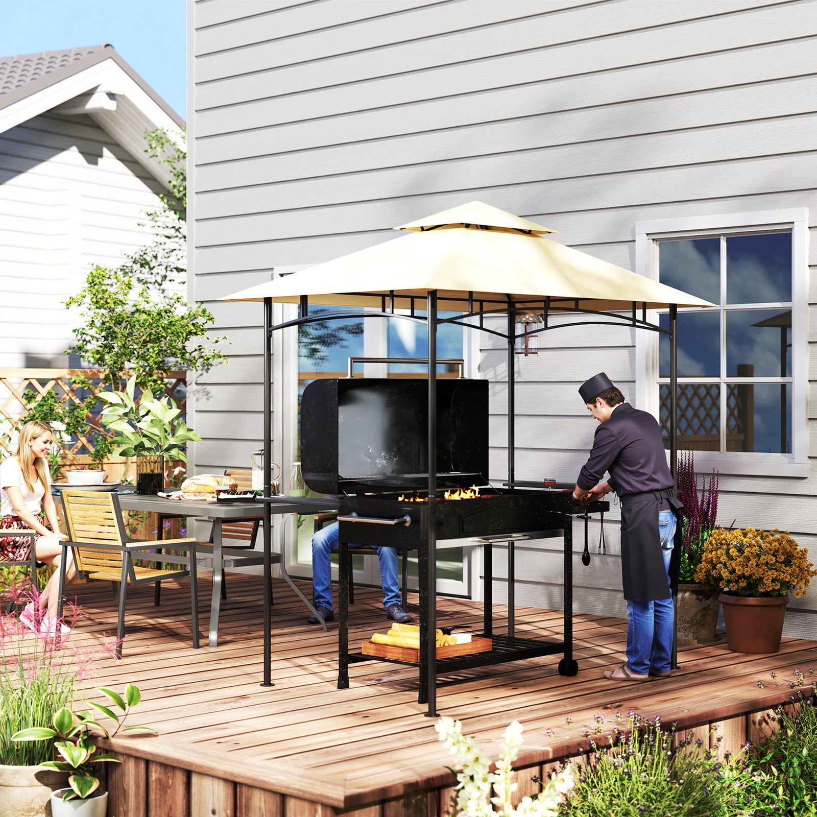 8' X 5' Grill Gazebo, Double Tiered Outdoor Bbq Shelter | Beige