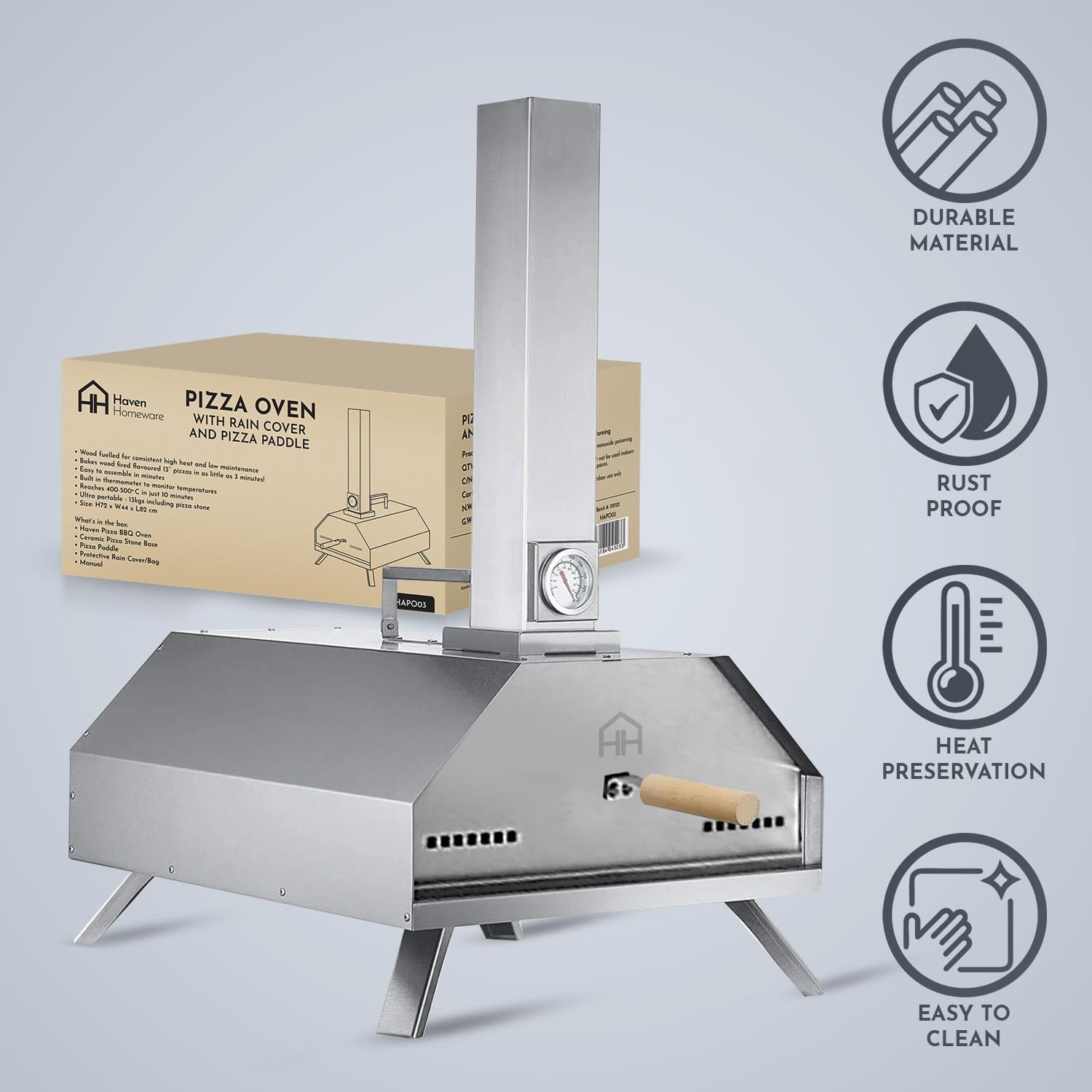 Pizza Oven With Built-in Thermometer, Rain Cover & Pizza Paddle, Silver