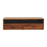 Solid Wood Lunar Chestnut Wall Mounted Media Unit, 2 Drawers And Open Shelf, Dark Brown