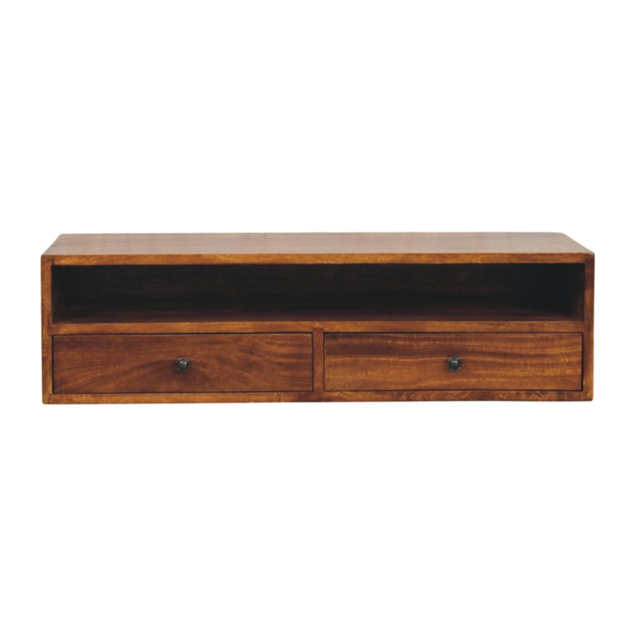 Solid Wood Lunar Chestnut Wall Mounted Media Unit, 2 Drawers And Open Shelf, Dark Brown