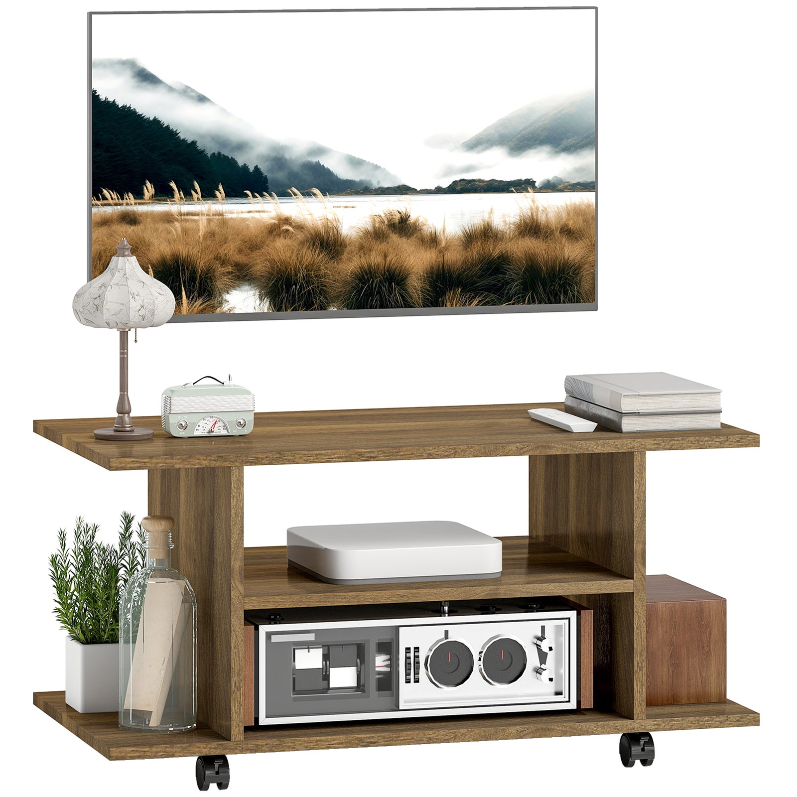 HOMCOM Modern Tv Cabinet Stand Storage Shelves Table Mobile Walnut