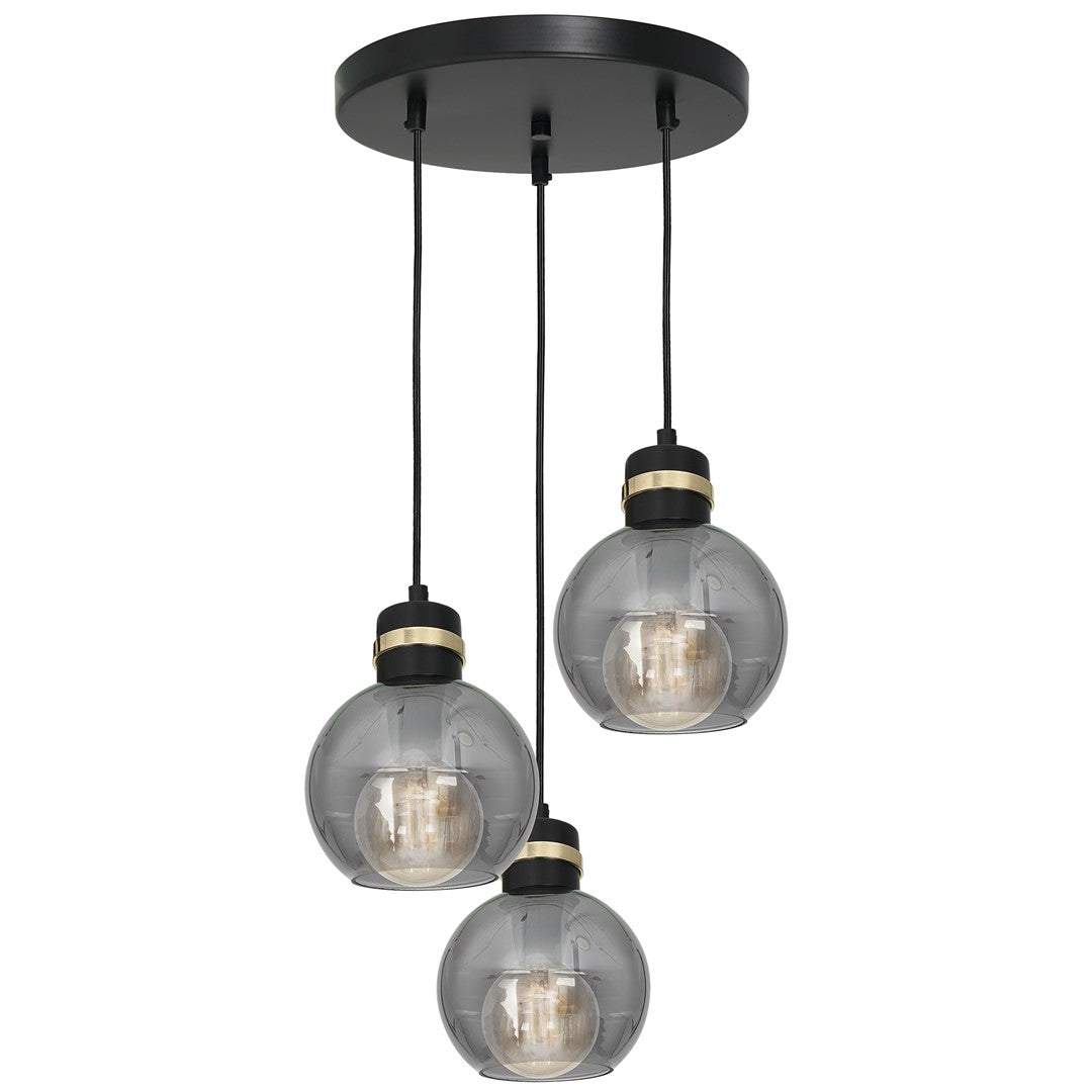 Omega Hand Made Circular Pendant Lamp With Elegant Smoked Glass Spheres Quality Matt Black Fittings With Gold Detail