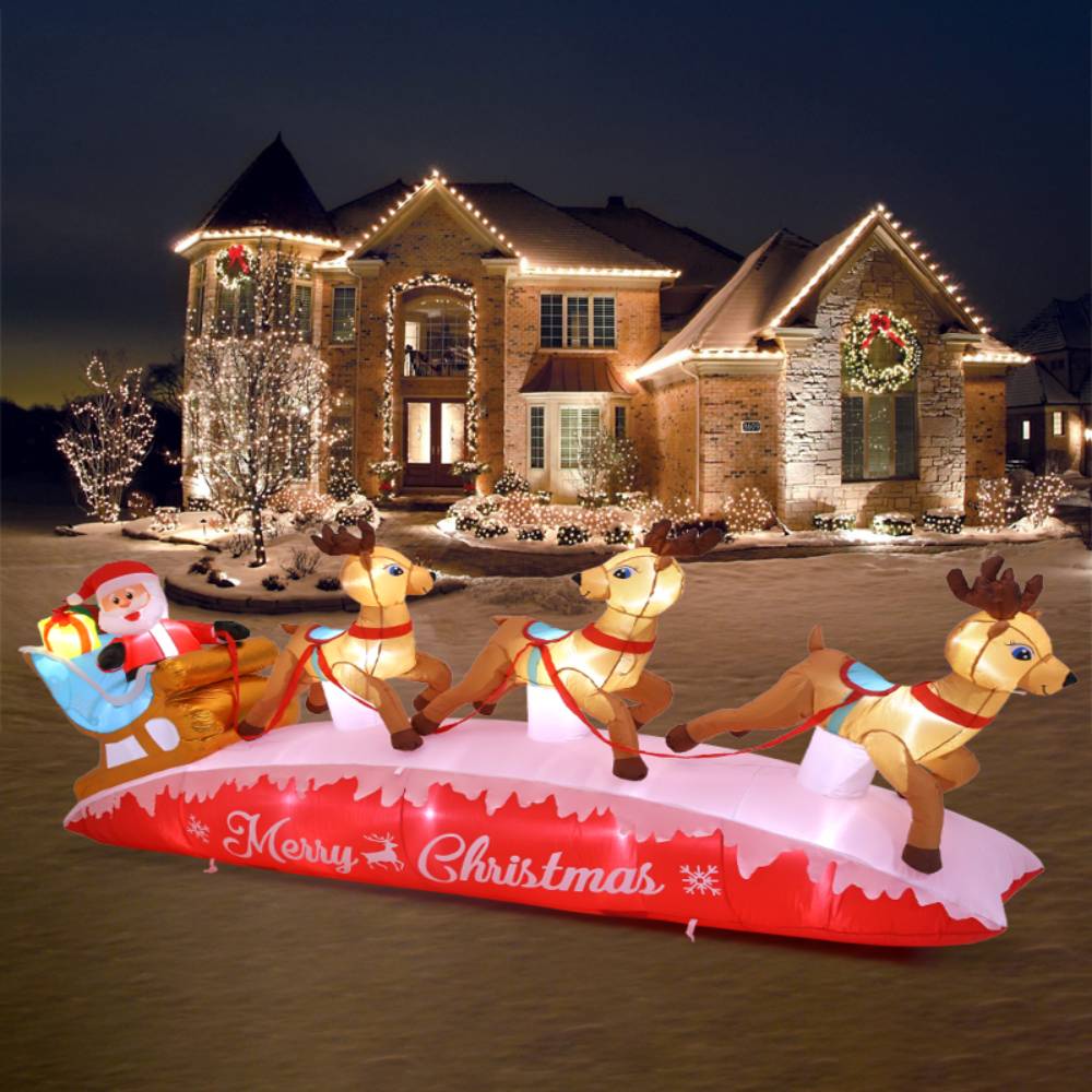 4m W Inflatable Santa And Reindeer Sleigh – Outdoor Christmas Decoration With Built-in Air Blower, Lights & Installation Kit