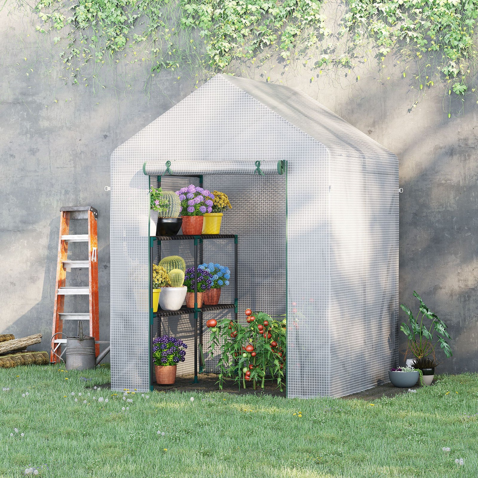 Greenhouse W/ 2 Tier Shelf & Roll-up Door - Clear | 143 x 143 x 195cm | Clear