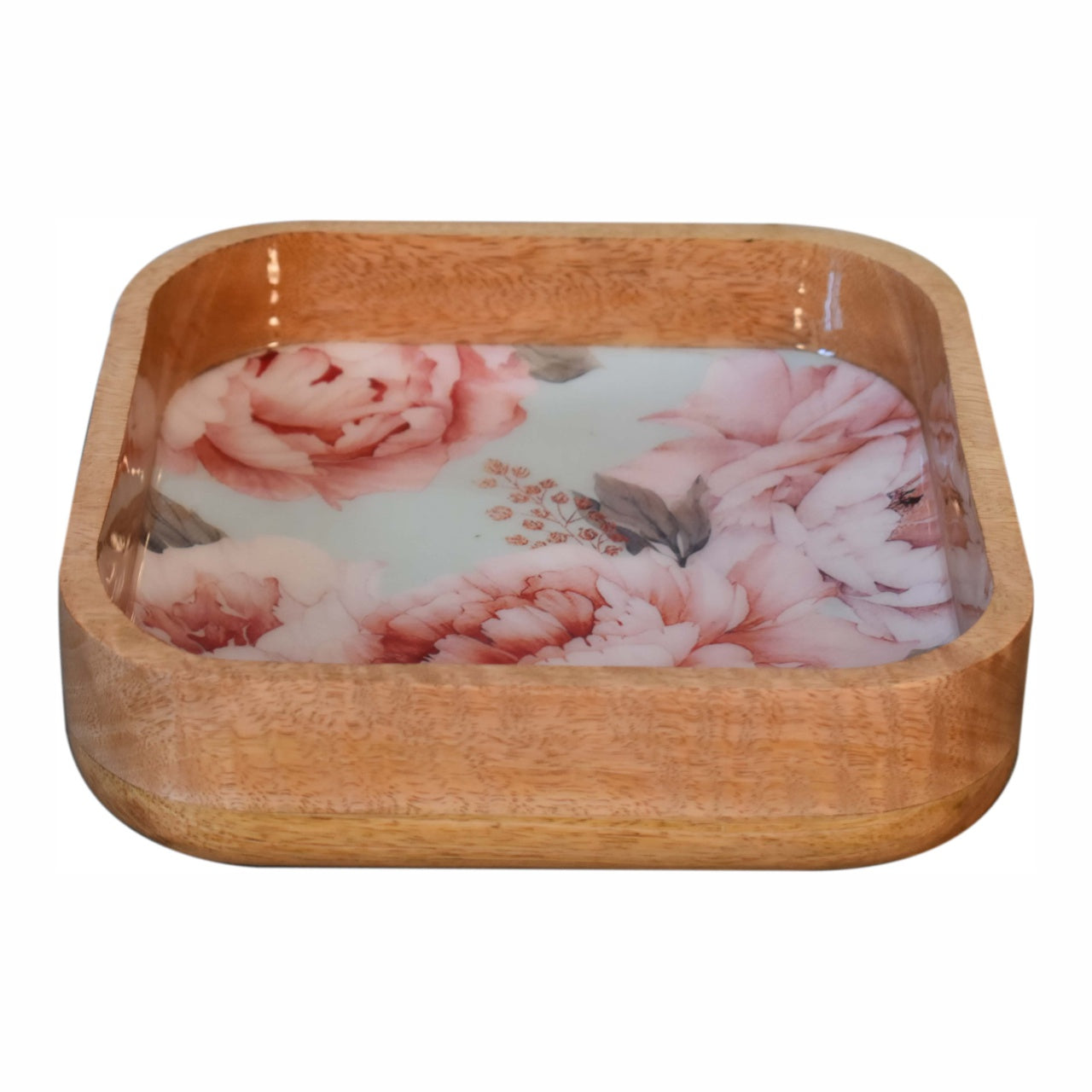 Solid Wood Pink Floral Square Bowl Set Of 2
