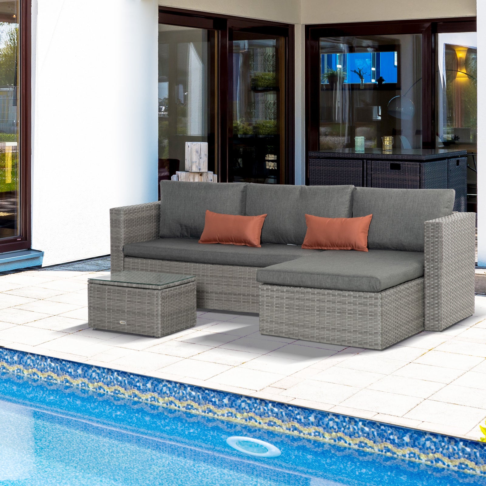 3 Pcs Outdoor Pe Rattan Sofa Set W/ Glass Table