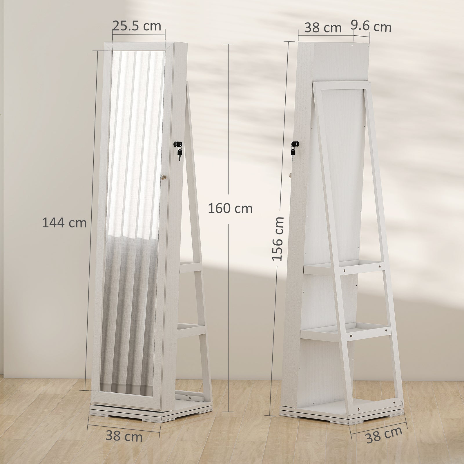 Jewelry Cabinet Full Length Mirror 360° Swivel Lockable | One Size | White