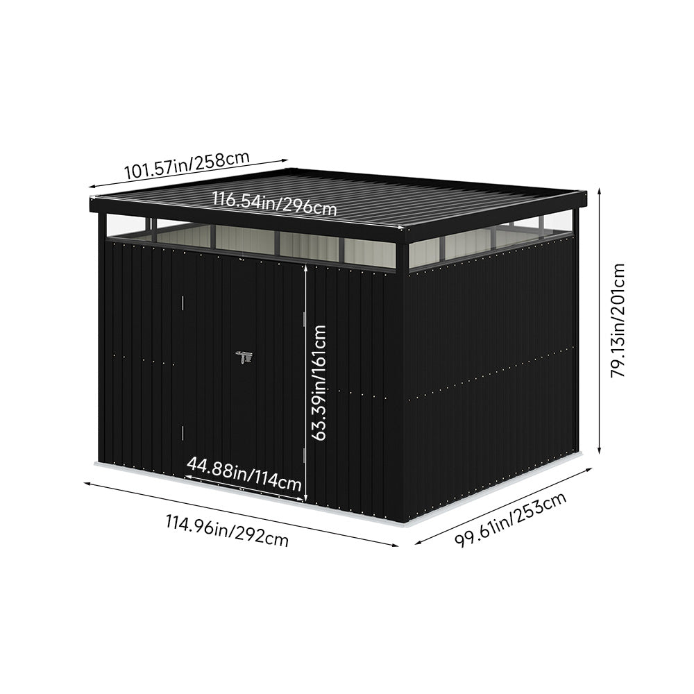 9.71 × 8.46 Ft Metal Garden Storage Shed Skylight Roof Shed,large Outdoor Tool House Flat Roof Storage & Lockable Door