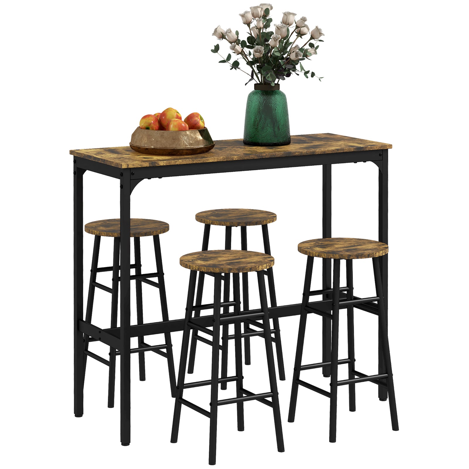 Bar Table And Stool Set Kitchen Table With 2/4 Stools | Set of 5 | Brown