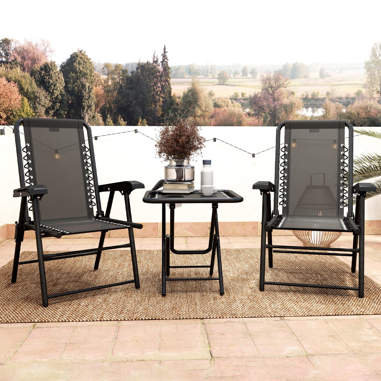 3 Pieces Folding Garden Bistro Set With Cup Holders | Black