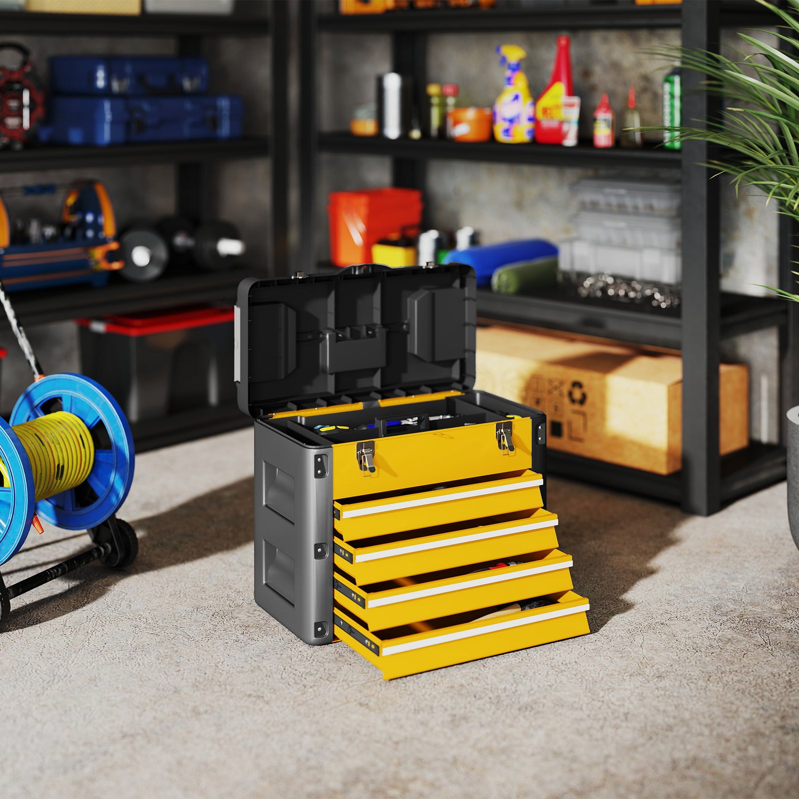 4 Drawers Large Tool Box, Steel Toolbox With Handle | Yellow