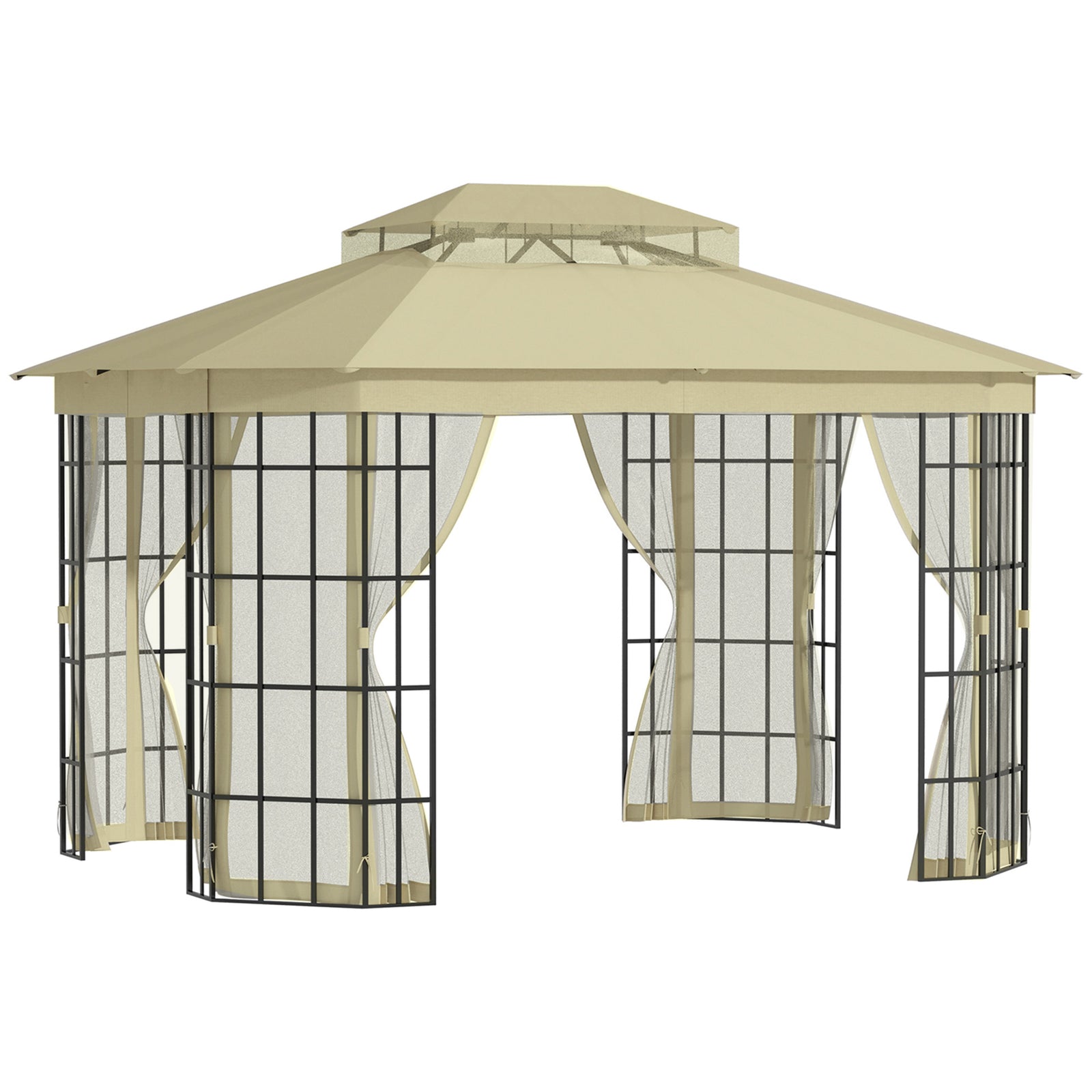 3.7x3m Patio Gazebo With 2-tier Roof And Mosquito Netting
